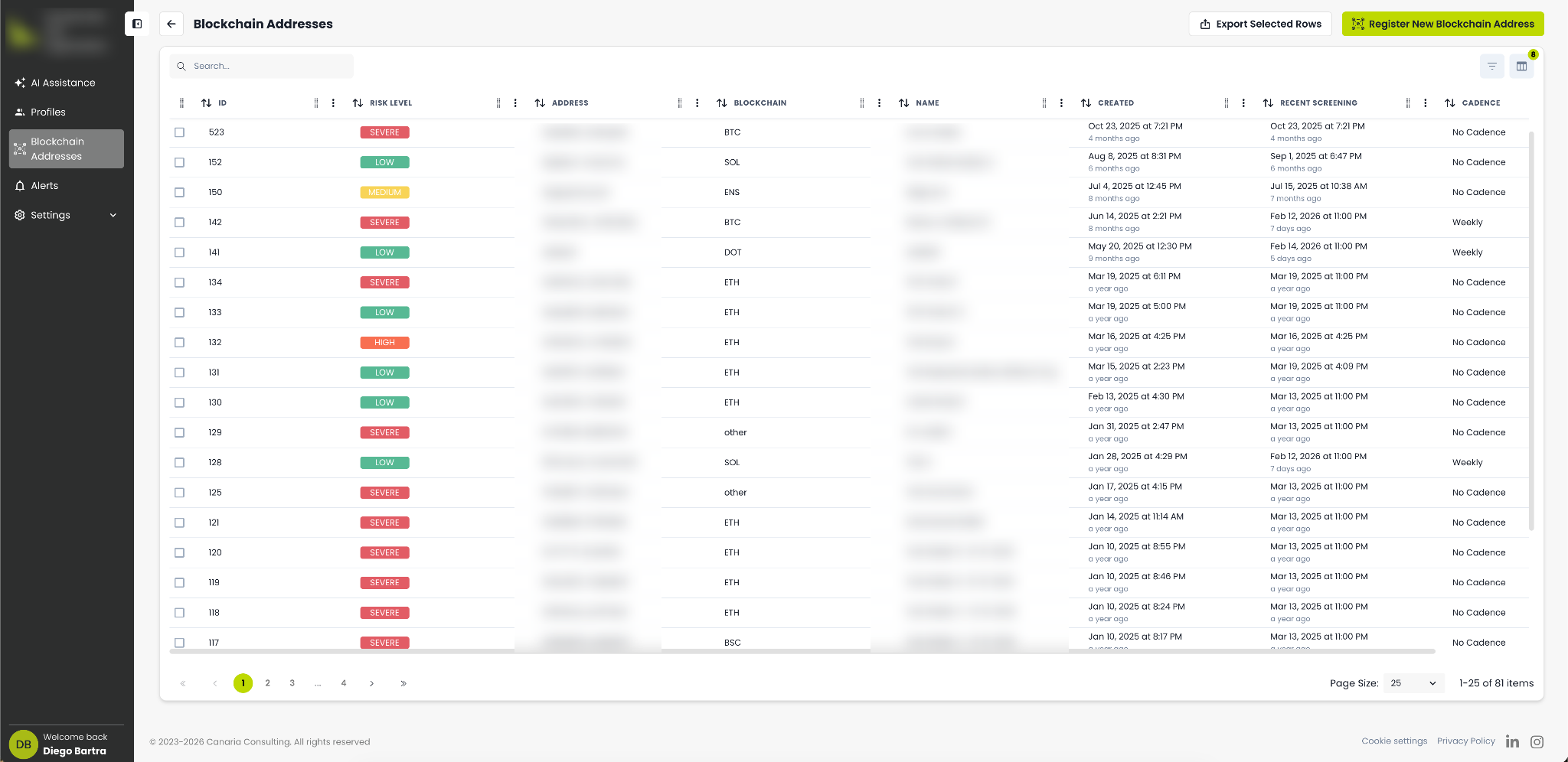 Blockchain Addresses Table
