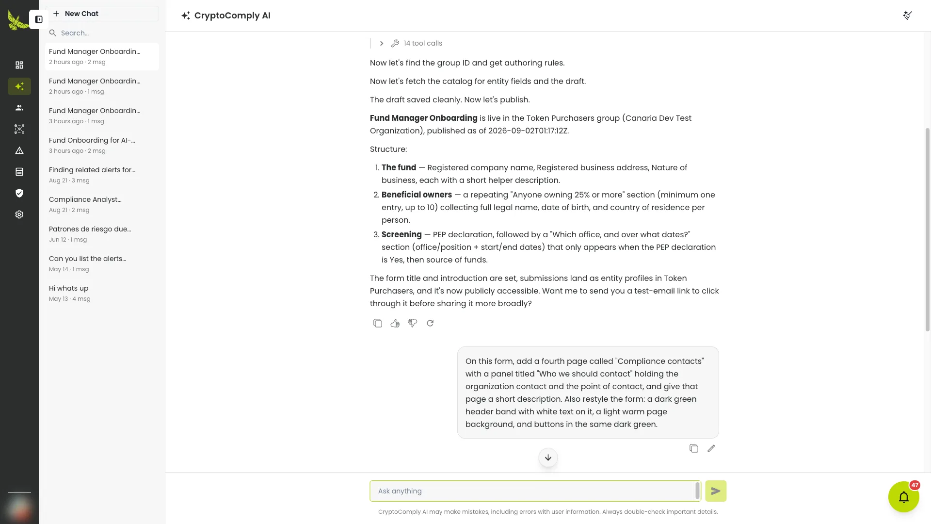 The CryptoComply AI chat, with the request and the tool calls it ran listed underneath