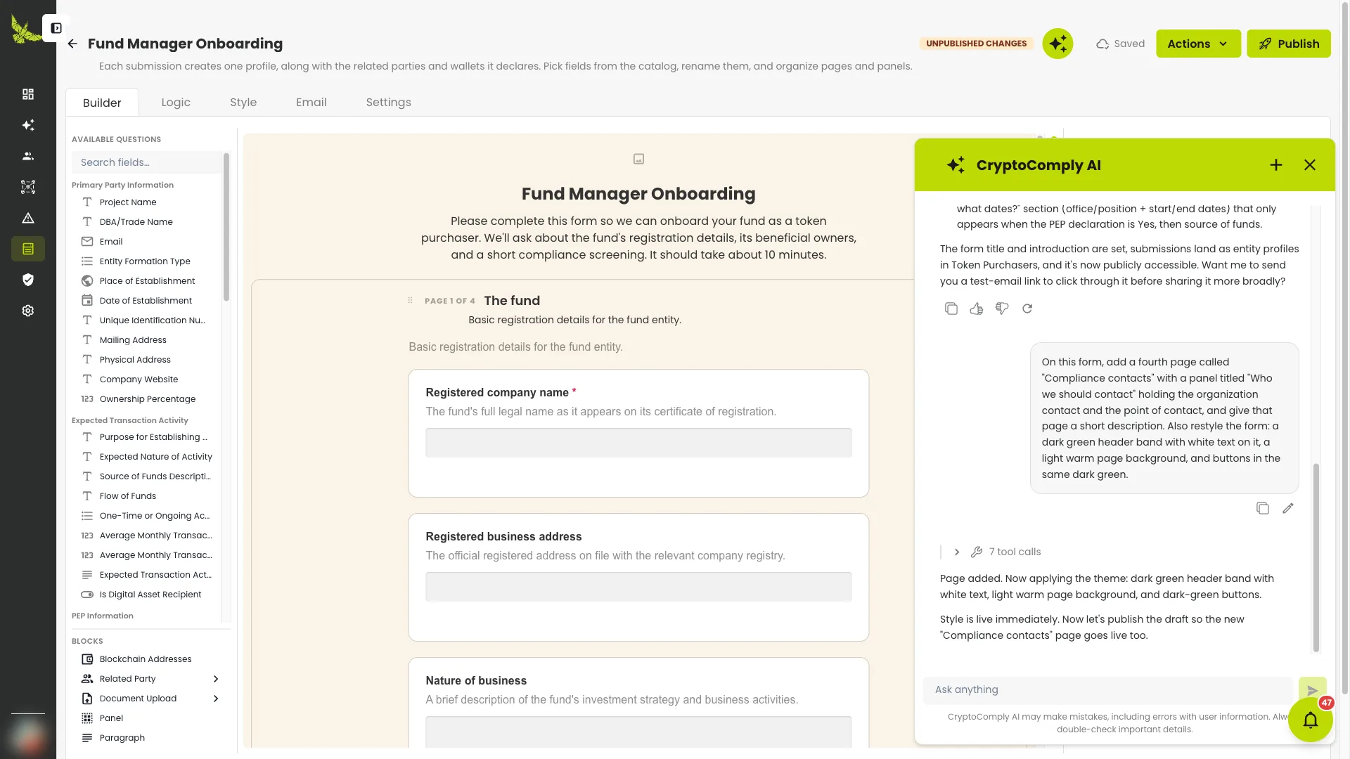 The editor with the CryptoComply AI panel open, having just added a page and restyled the form