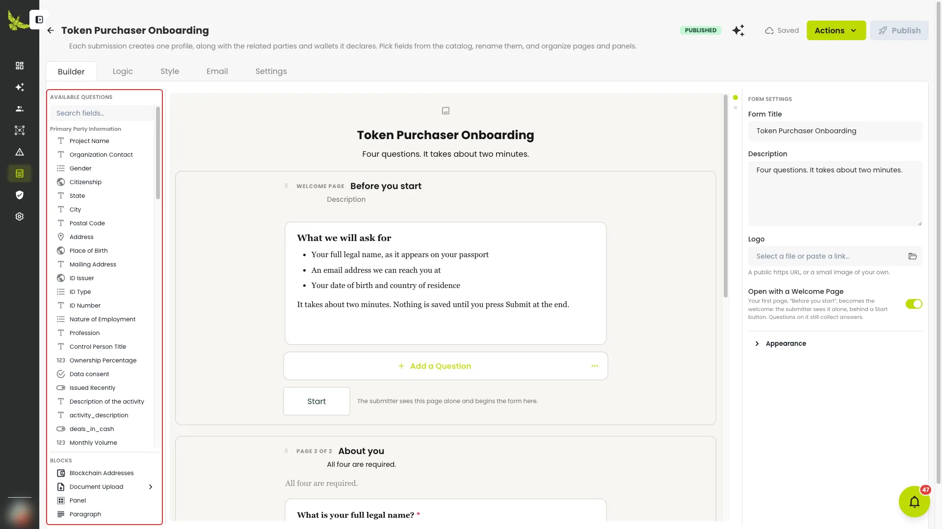 The builder: the field catalog outlined on the left, the form itself in the middle, settings on the right