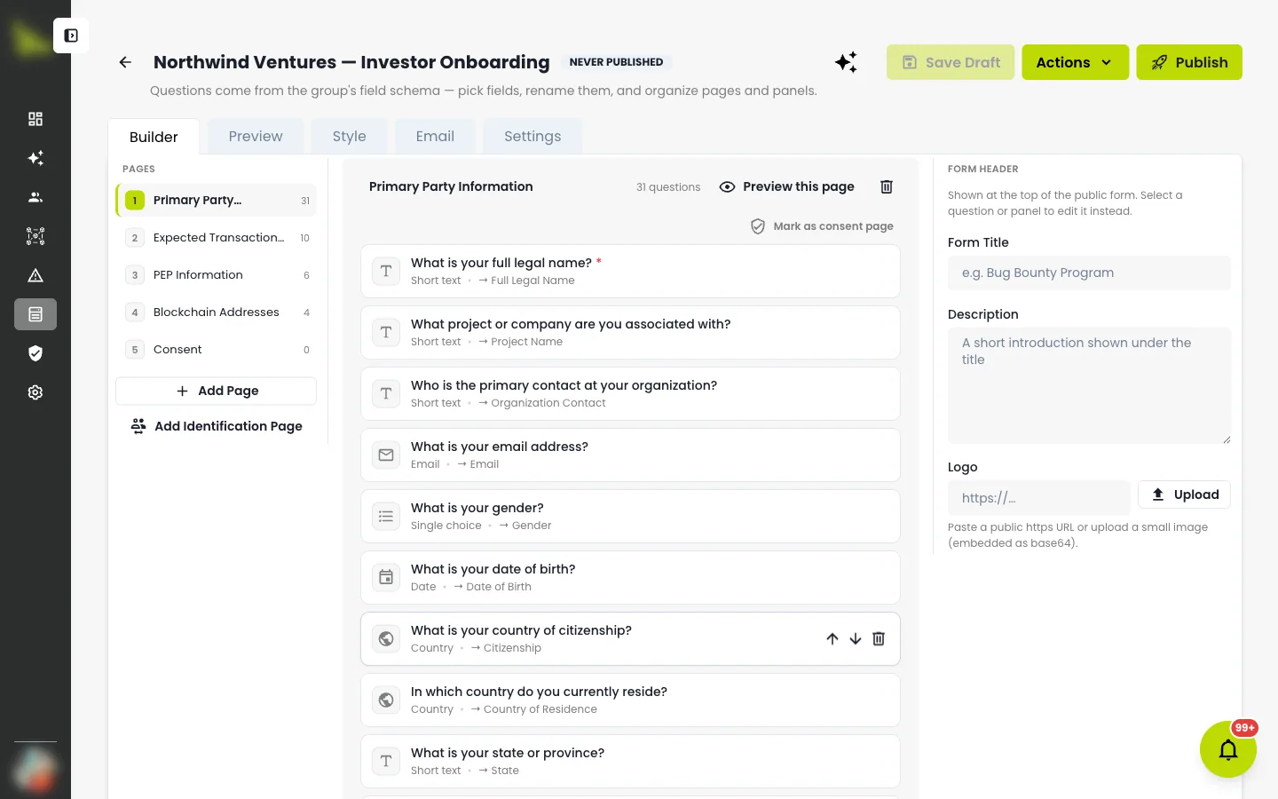 The intake-form builder with the pages rail, question list, and form-header inspector