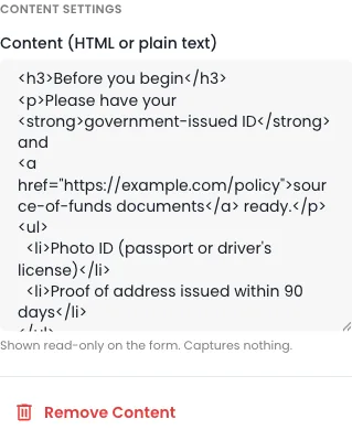 The content block editor accepting HTML markup