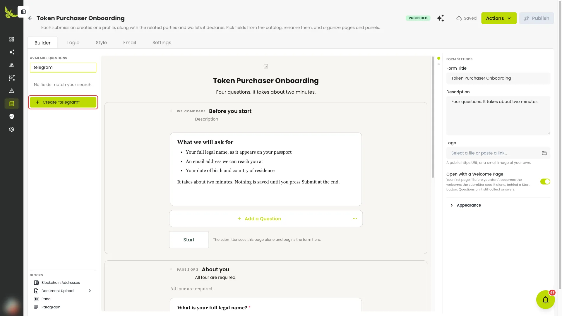 Searching for a field that does not exist, with the outlined Create button