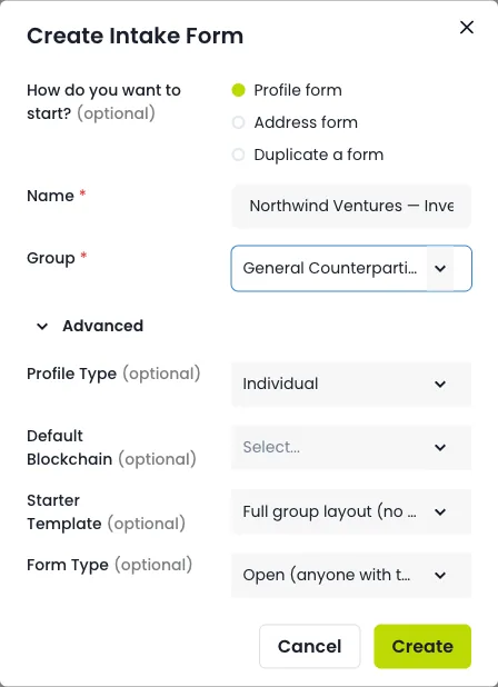 The Create Intake Form dialog, showing the starting point, name, group, and advanced options