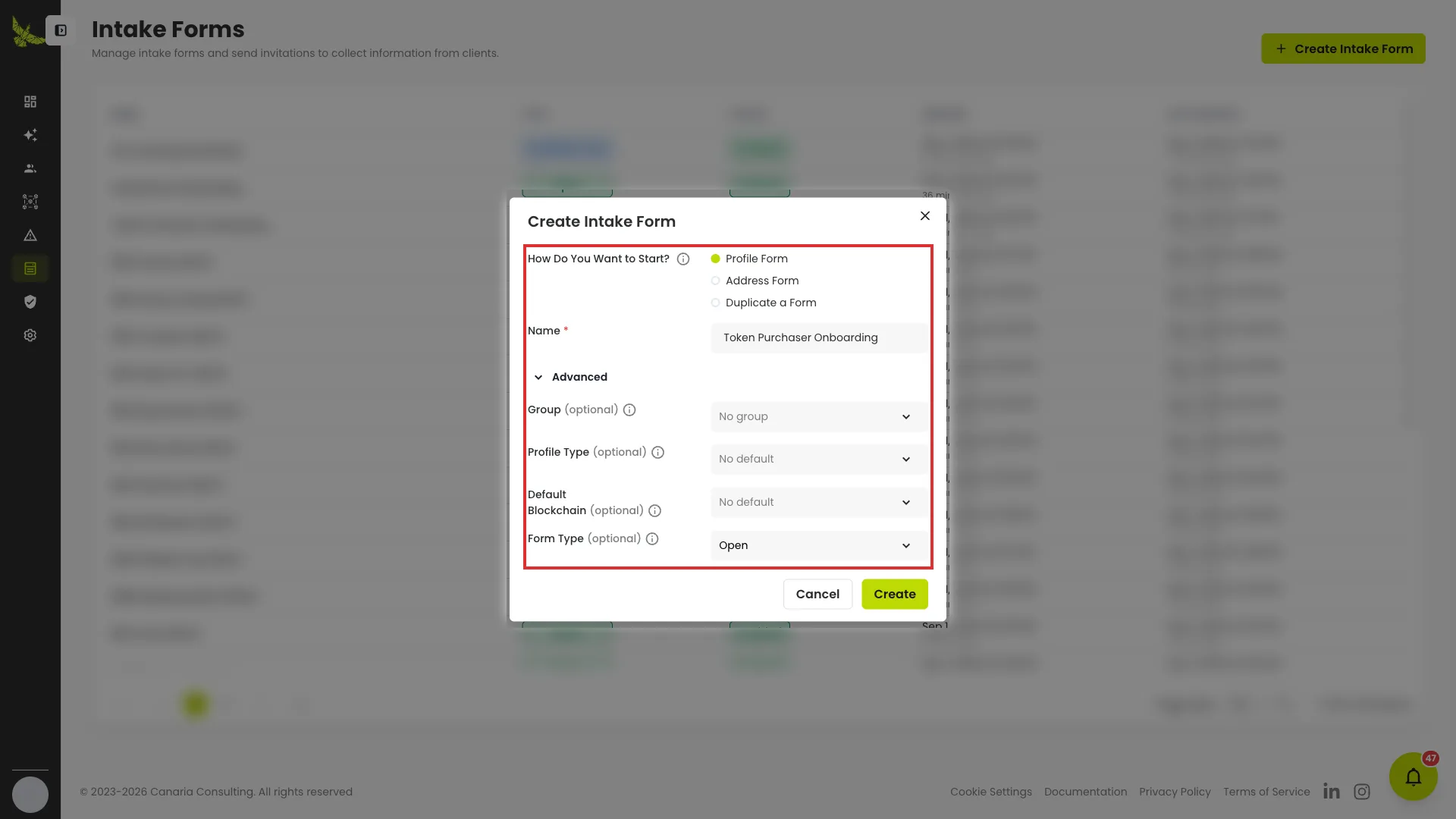 The Create Intake Form dialog, with the Advanced section outlined