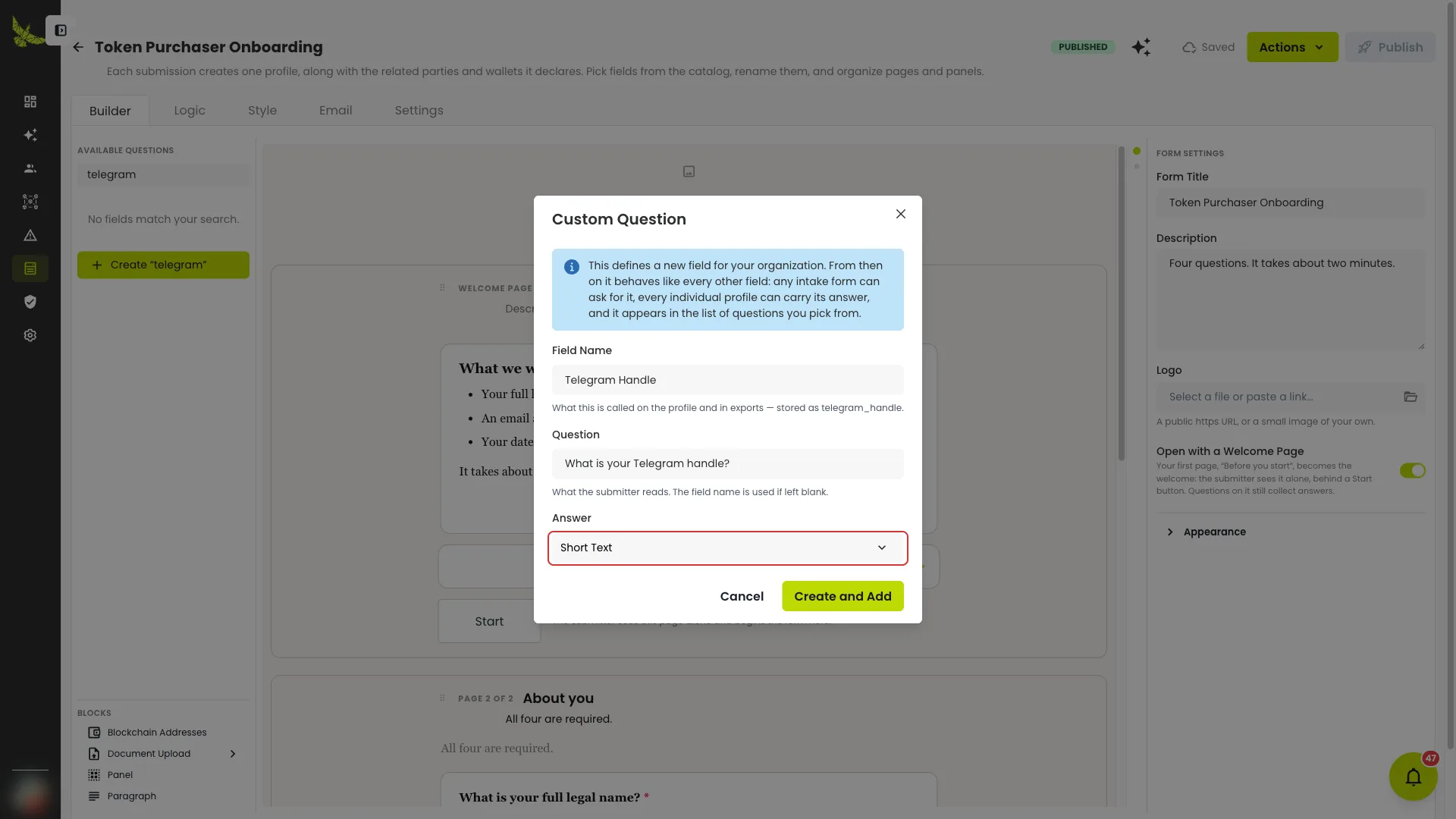 The Custom Question dialog, with the outlined answer-type selector