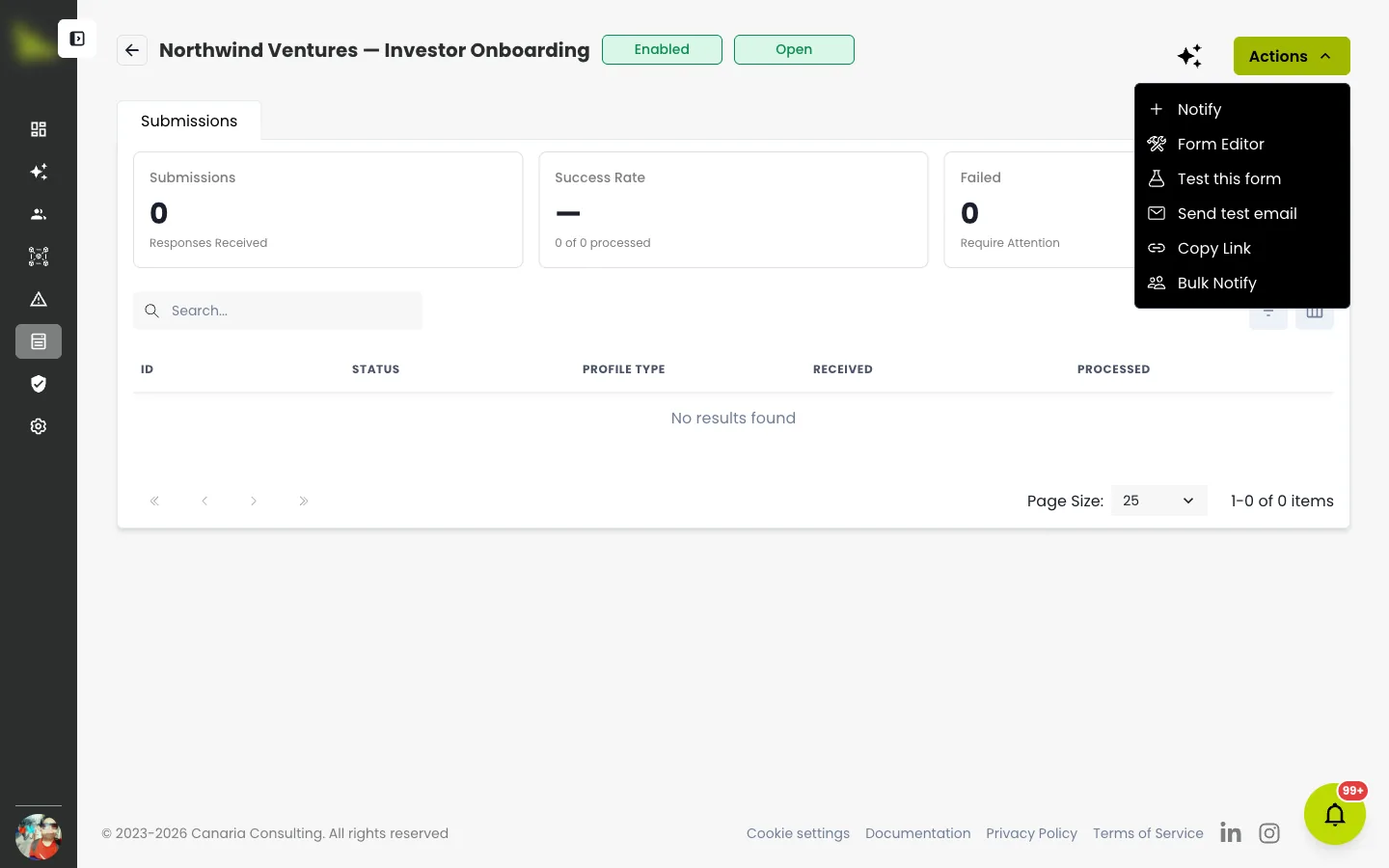 An open form's detail page and Actions menu