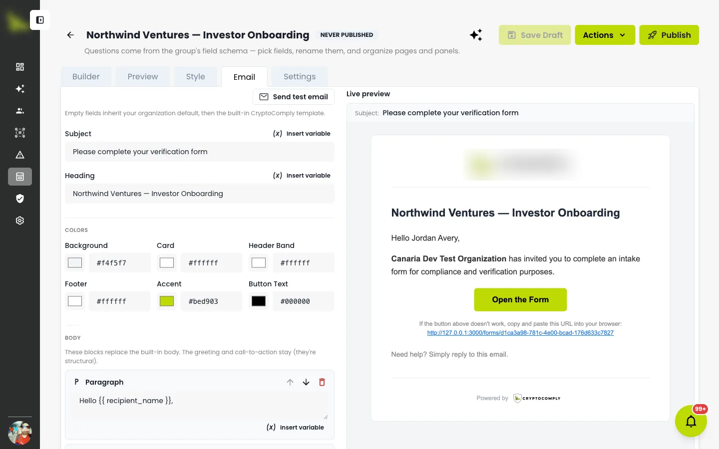 The Email tab: subject, heading, colors, and body blocks with a live email preview