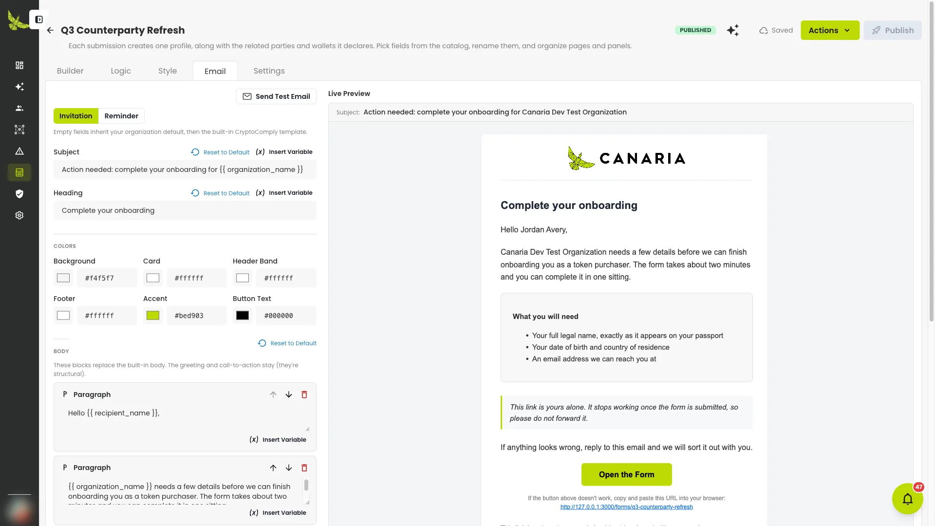 The Email tab, with the outlined subject line