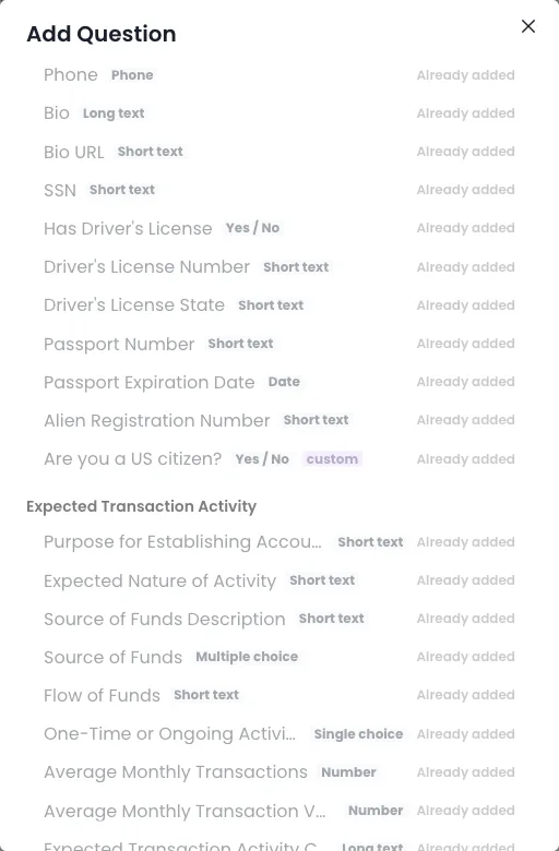The field picker, listing catalog fields by type with a custom-field badge