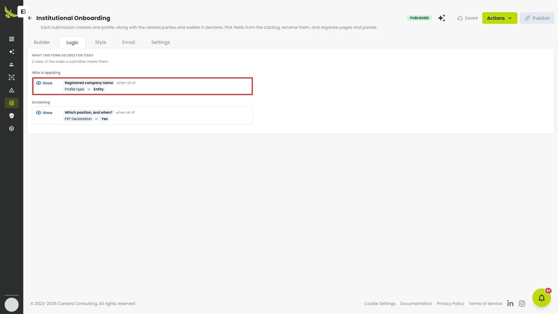 The Logic tab, with the first rule outlined