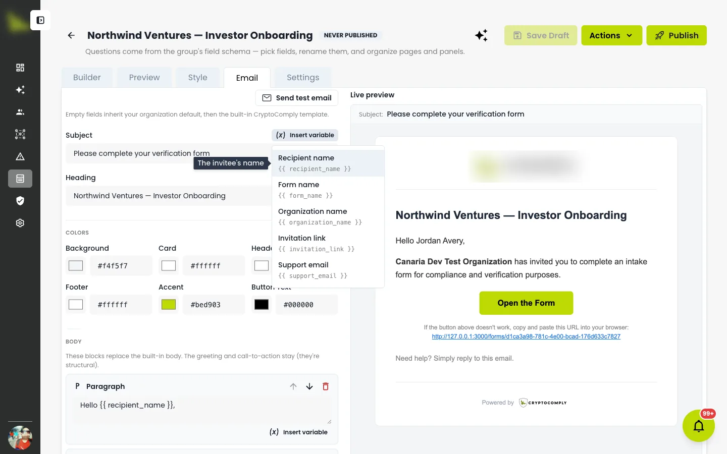 The merge-tag menu with recipient name, form name, organization name, invitation link, and support email