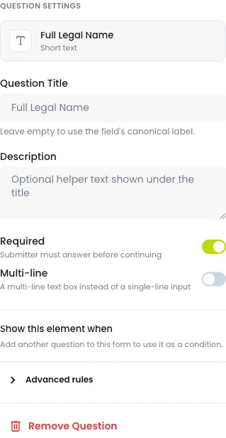 Question settings: title override, description, required and multi-line toggles, and conditional visibility