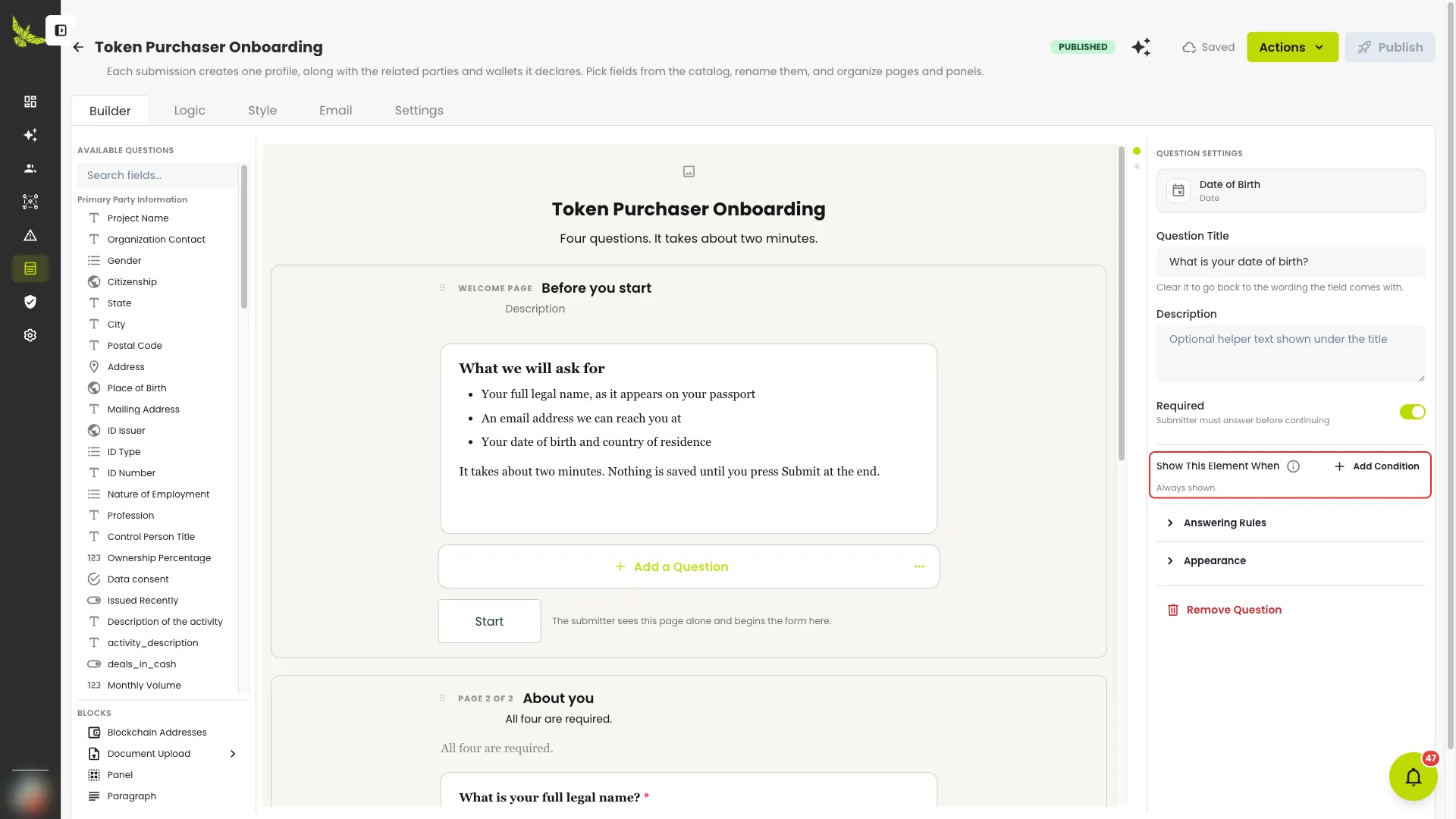 Question settings, with the outlined visibility-rule builder
