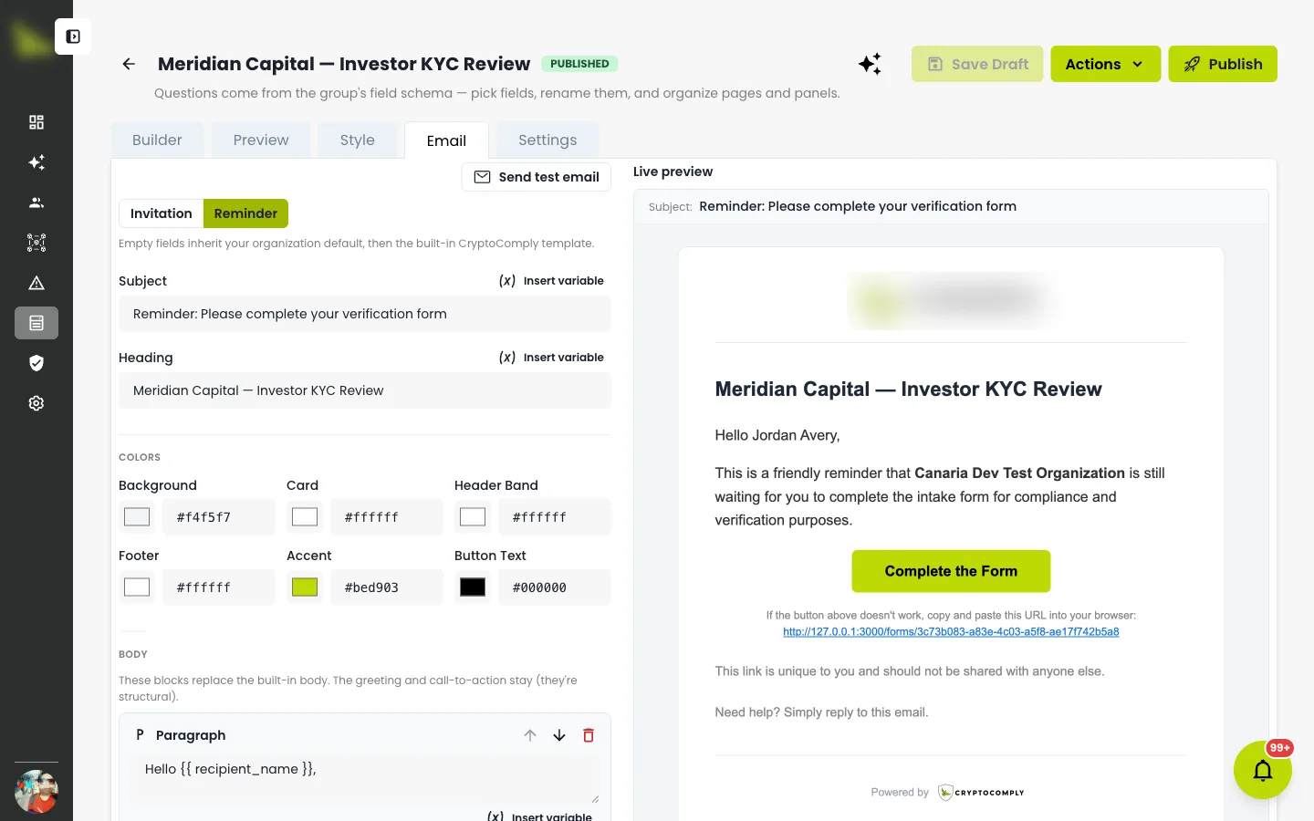 The reminder email preview — a friendly nudge with the recipient's unique link