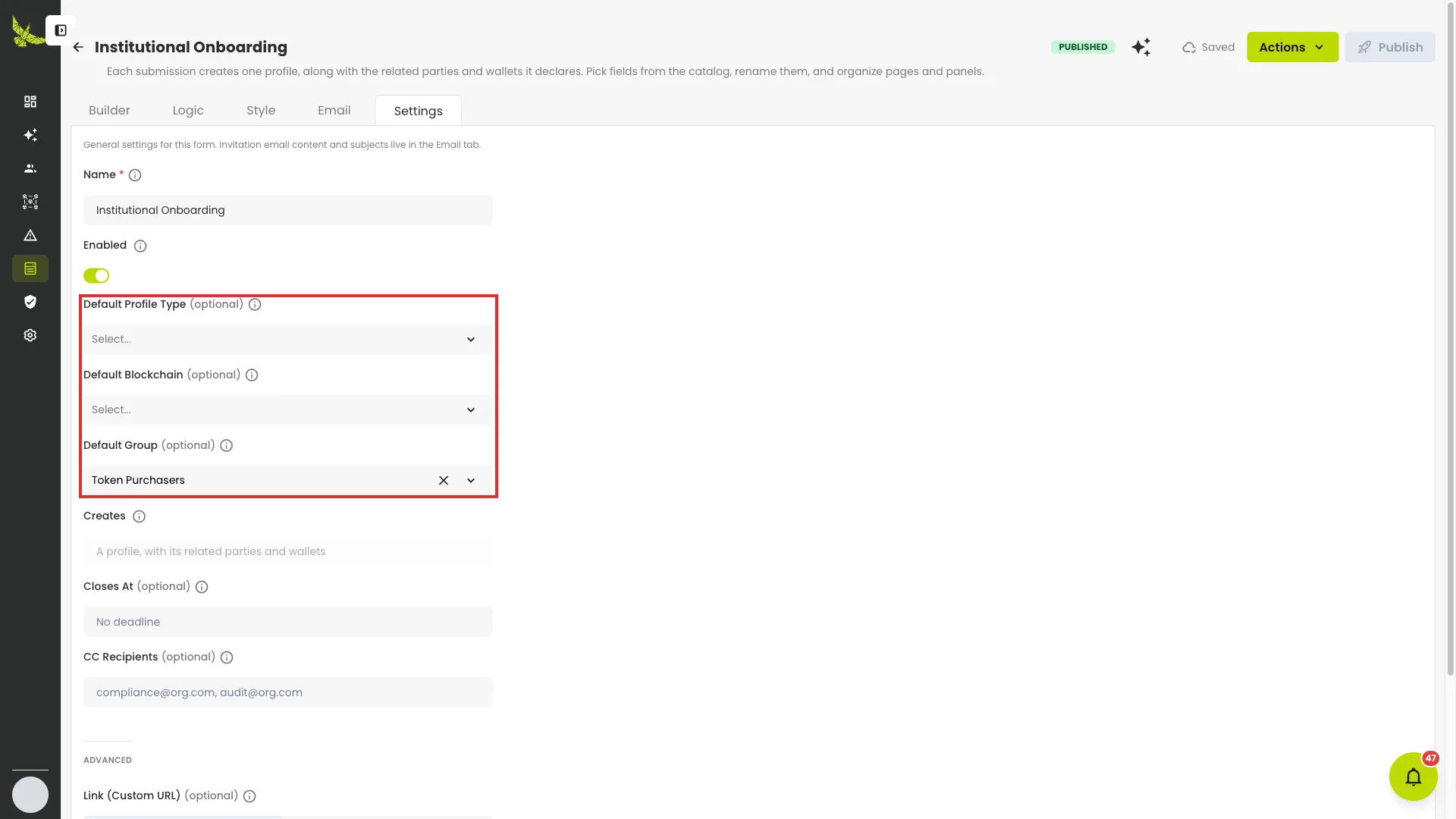 The Settings tab, with the three defaults outlined