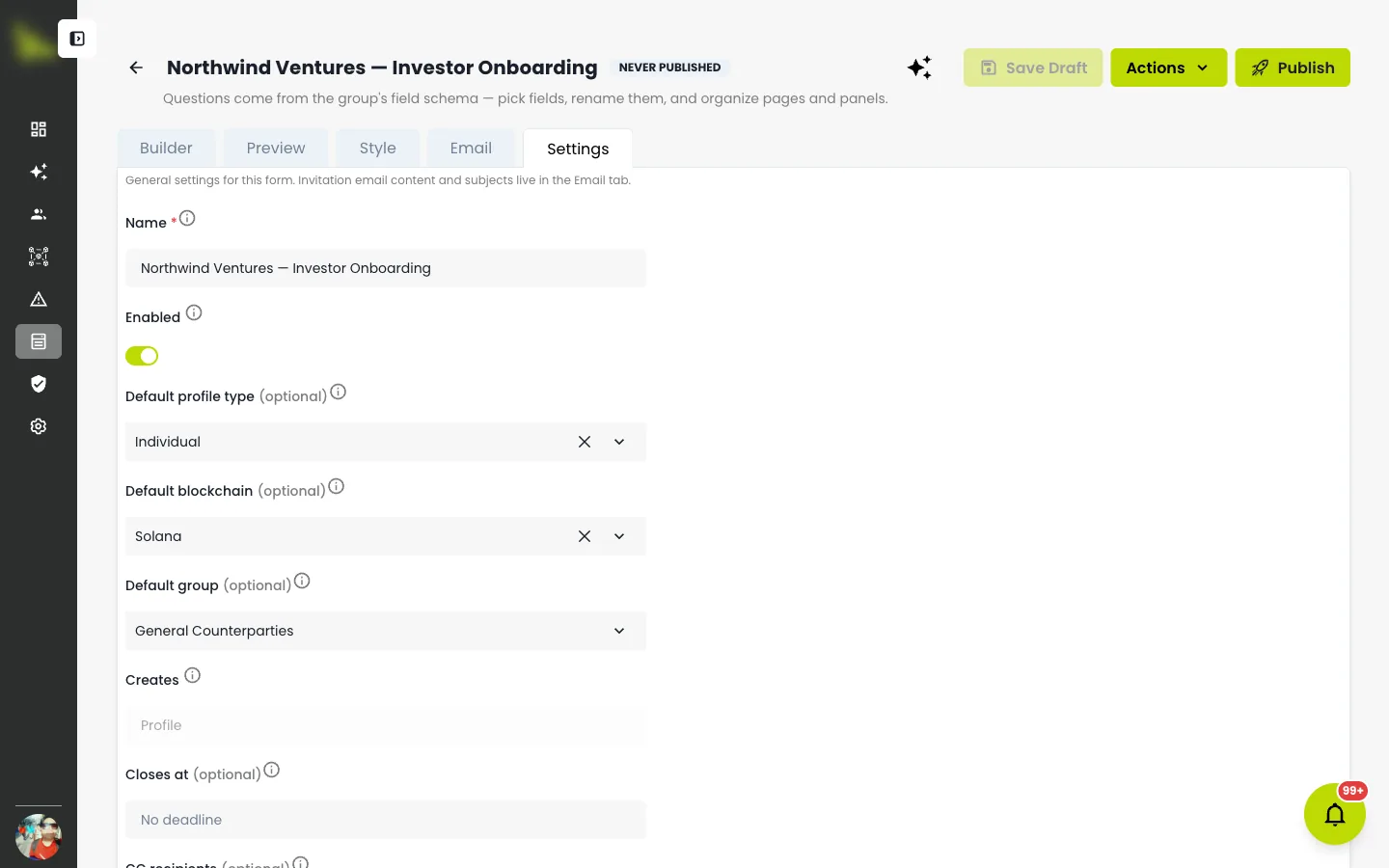 The Settings tab: enabled state, defaults, close date, and CC recipients