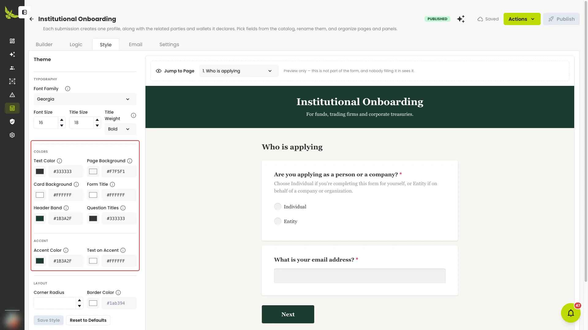The Style tab, with the colour controls outlined