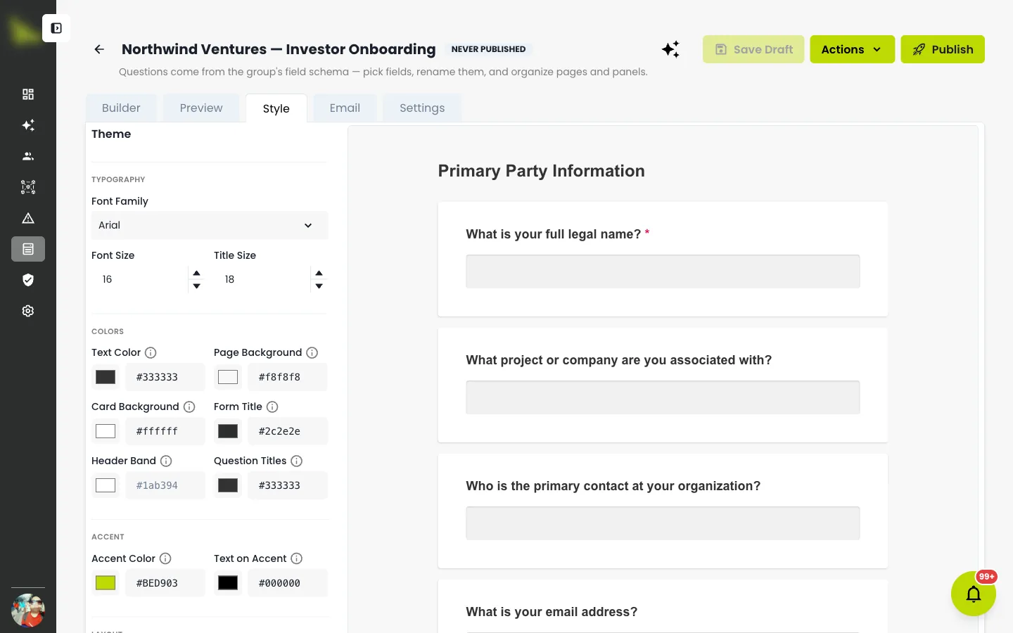 The Style tab: typography, colors, accent, and layout controls beside a live preview