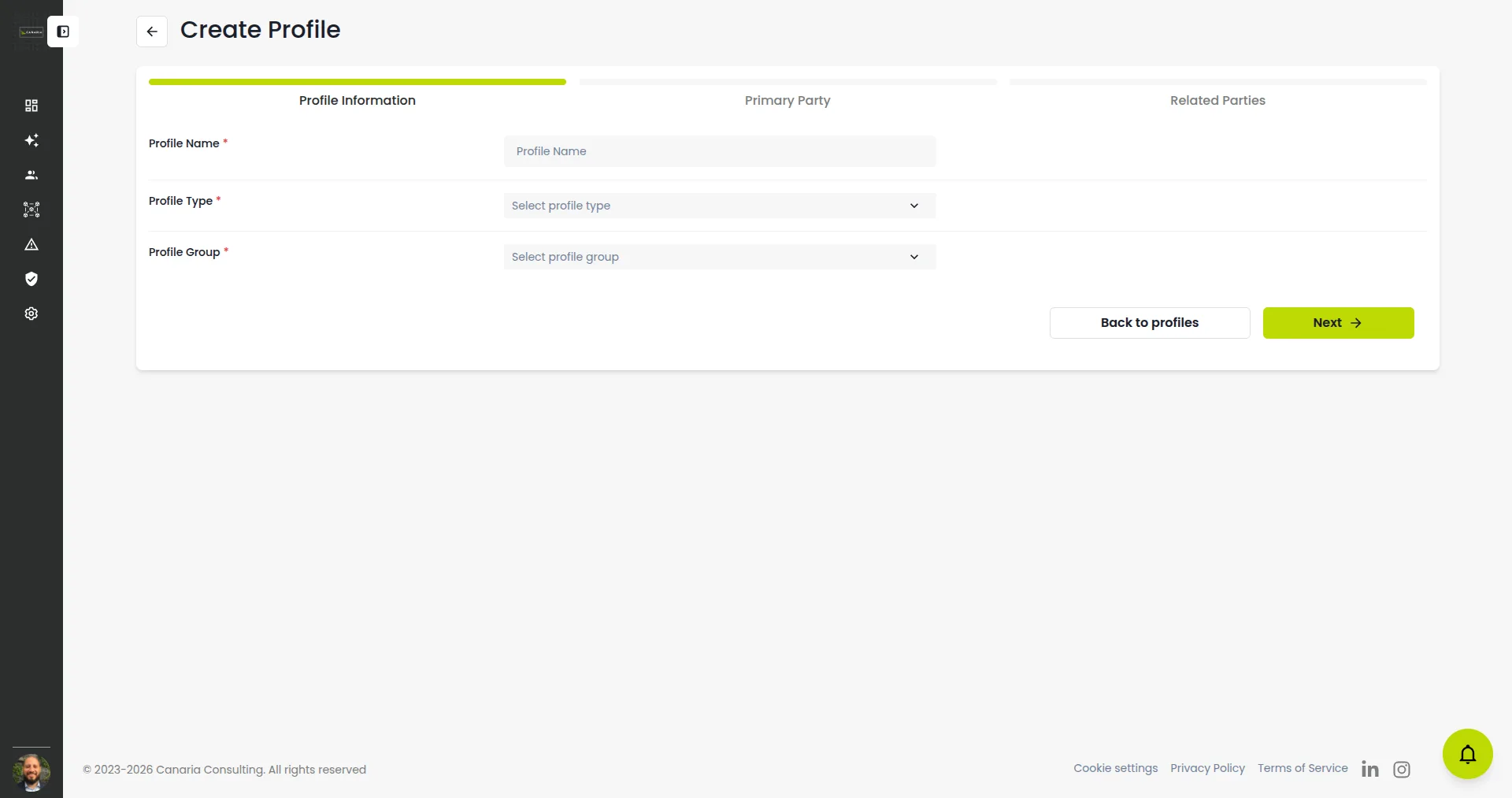 The Create Profile wizard